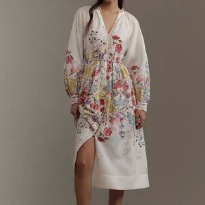 Anthropologie Let Me Be Long-Sleeve V-Neck Floral A-Line Midi Dress